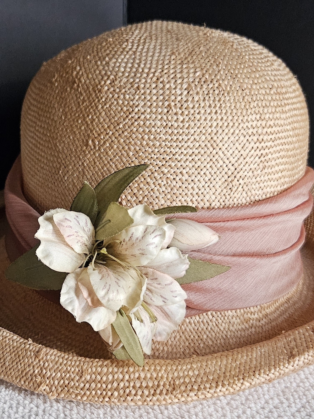 Vintage Kates Canada Straw Cloche Hat with Pink Band and Floral Accent
